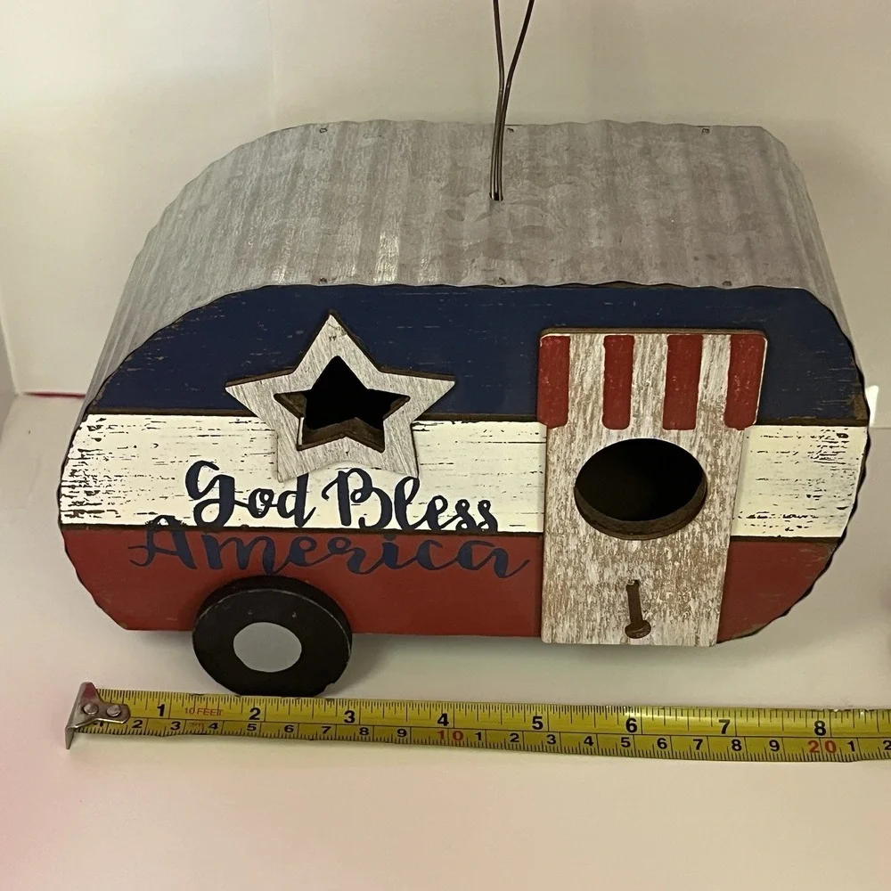 Decorative Bird House God‎ Bless America Flag Birdhouse Rustic Retro Camper